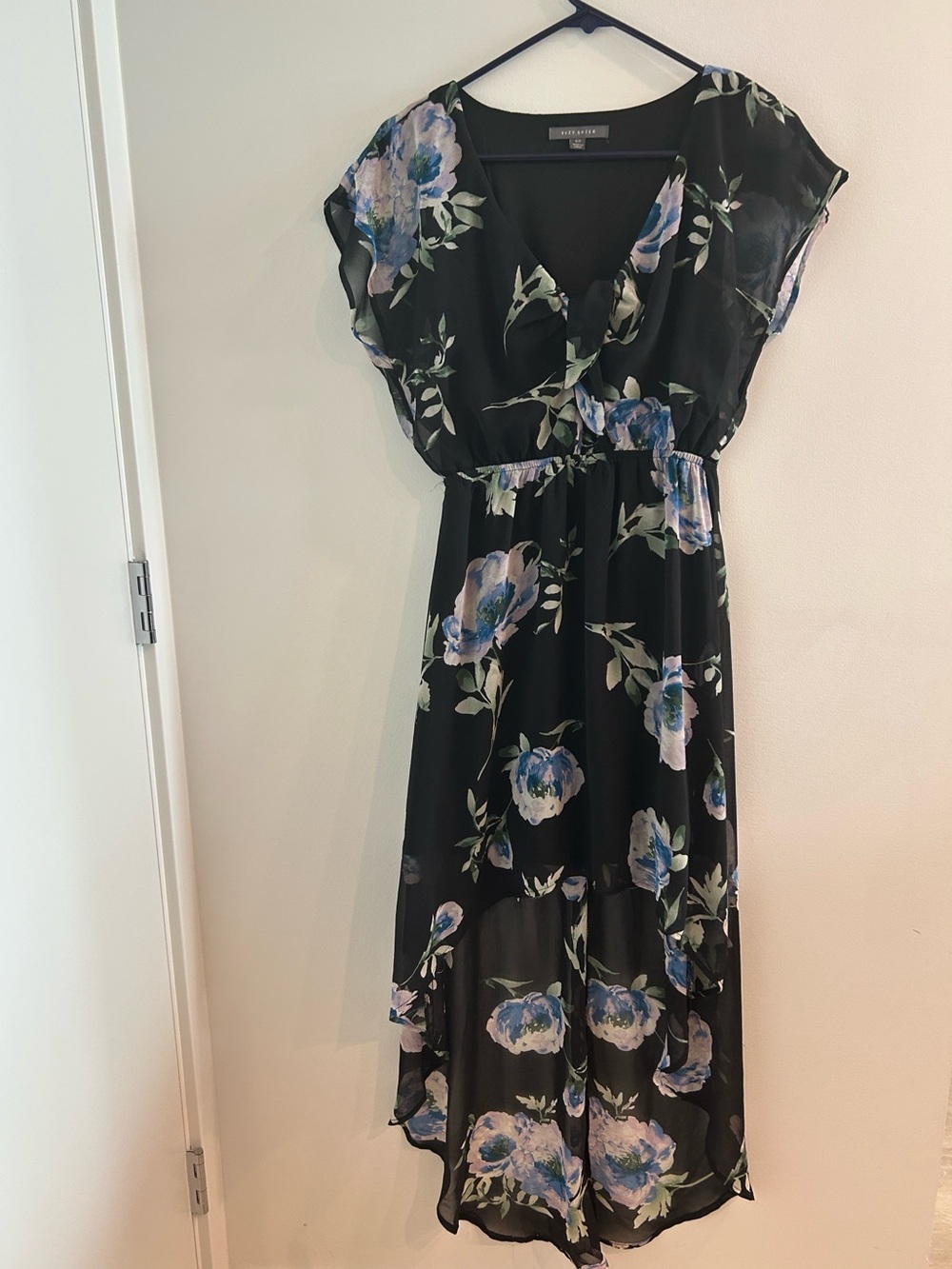 Suzy Shier Black Floral High-Low Dress with Blue and Lavender Flowers